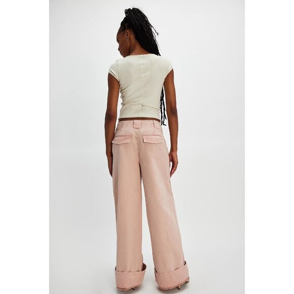 Free People Long Game Chino Pants Pale Mauve Pink Wide Leg Flare Size 4 - Picture 2 of 11